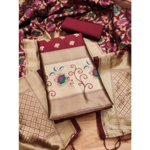 Banarasi Silk Printed Unstitched Salwar Suit Material With Dupatta (Maroon, 3Mtrs)