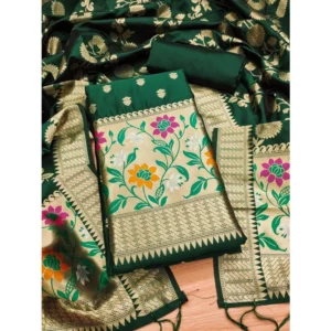 Banarasi Silk Printed Unstitched Salwar Suit Material With Dupatta (Green, 3Mtrs)