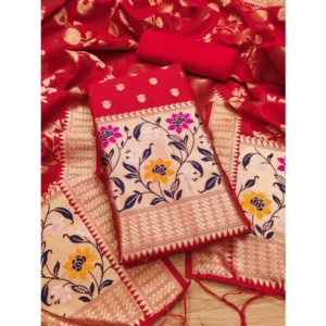 Banarasi Silk Printed Unstitched Salwar Suit Material With Dupatta (Red, 3Mtrs)