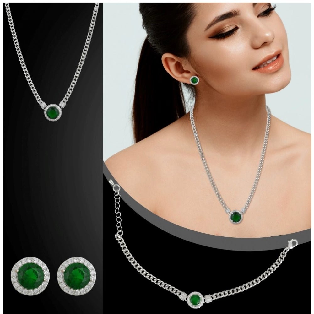 Women's Stainless Steel Green Color Silver Chain Western Combo Jewelry (Silver Plated) - Image 3