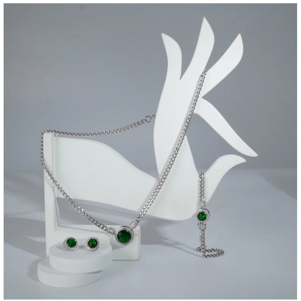 Women's Stainless Steel Green Color Silver Chain Western Combo Jewelry (Silver Plated) - Image 2