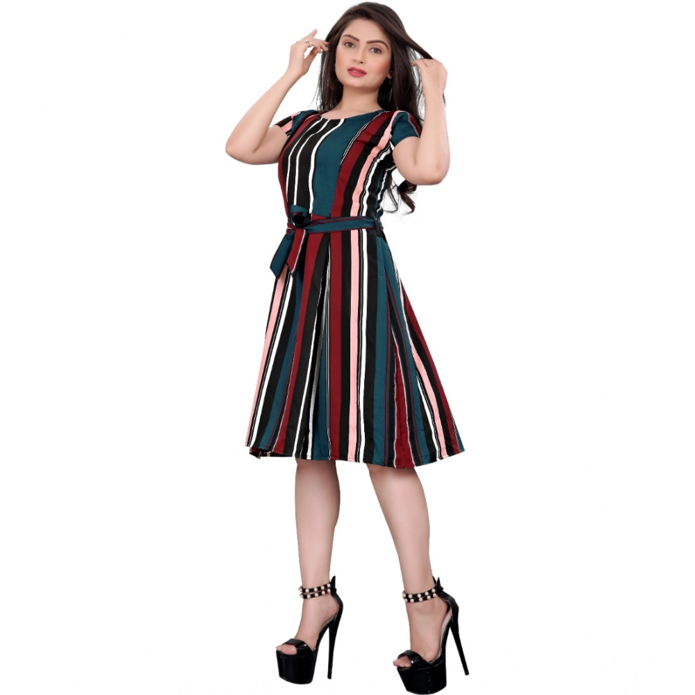 Crep Striped Short Sleeve Dress (Red-Blue ) - Image 3