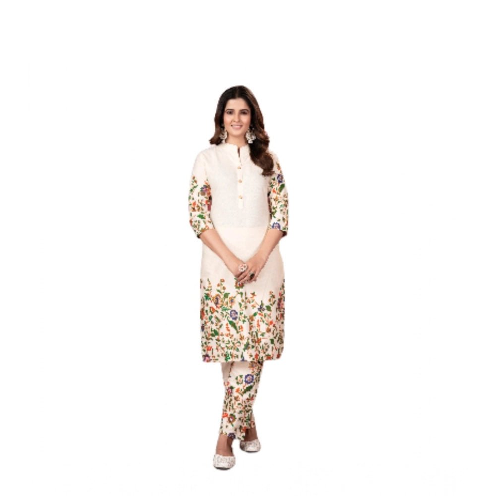 Women's Cotton Printed 3/4th Sleeve Kurti With Pant (Cream ) - Image 2