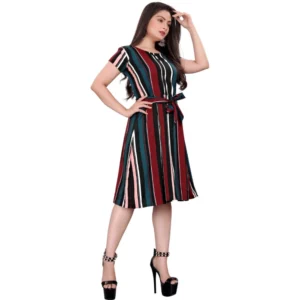 Crep Striped Short Sleeve Dress (Red-Blue )