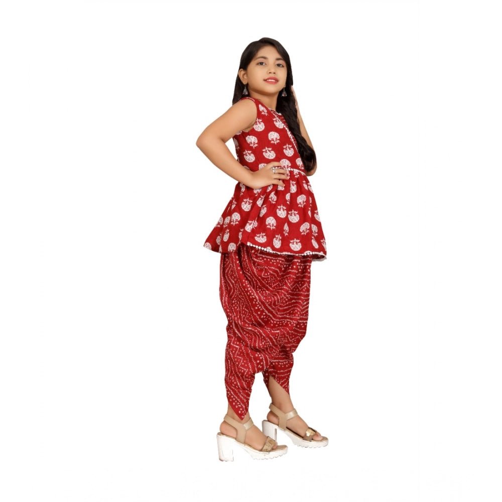 Girl's Cotton Rayon Printed Top And Dhoti With Dupatta Set (Maroon) - Image 4