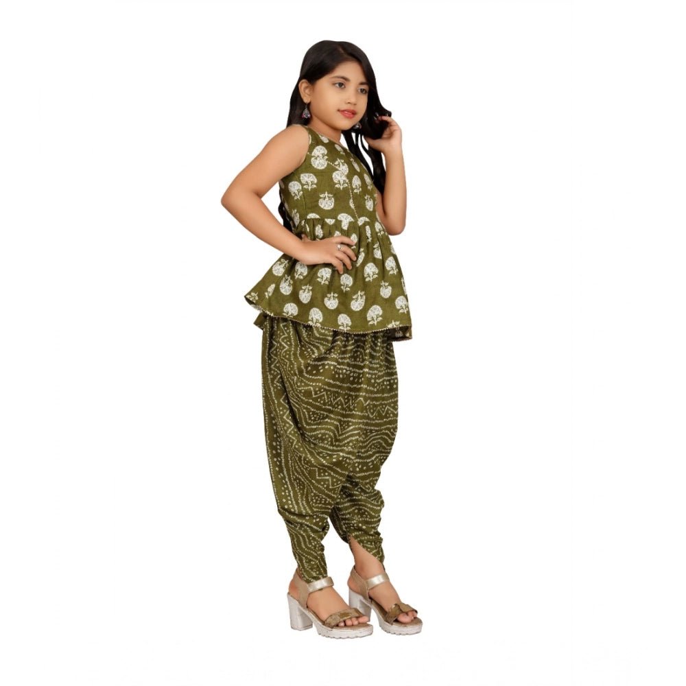 Girl's Cotton Rayon Printed Top And Dhoti With Dupatta Set (Green) - Image 2