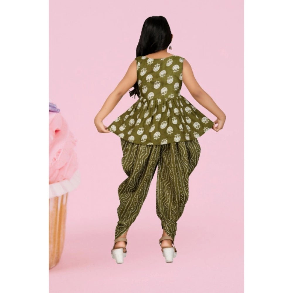 Girl's Cotton Rayon Printed Top And Dhoti With Dupatta Set (Green) - Image 3