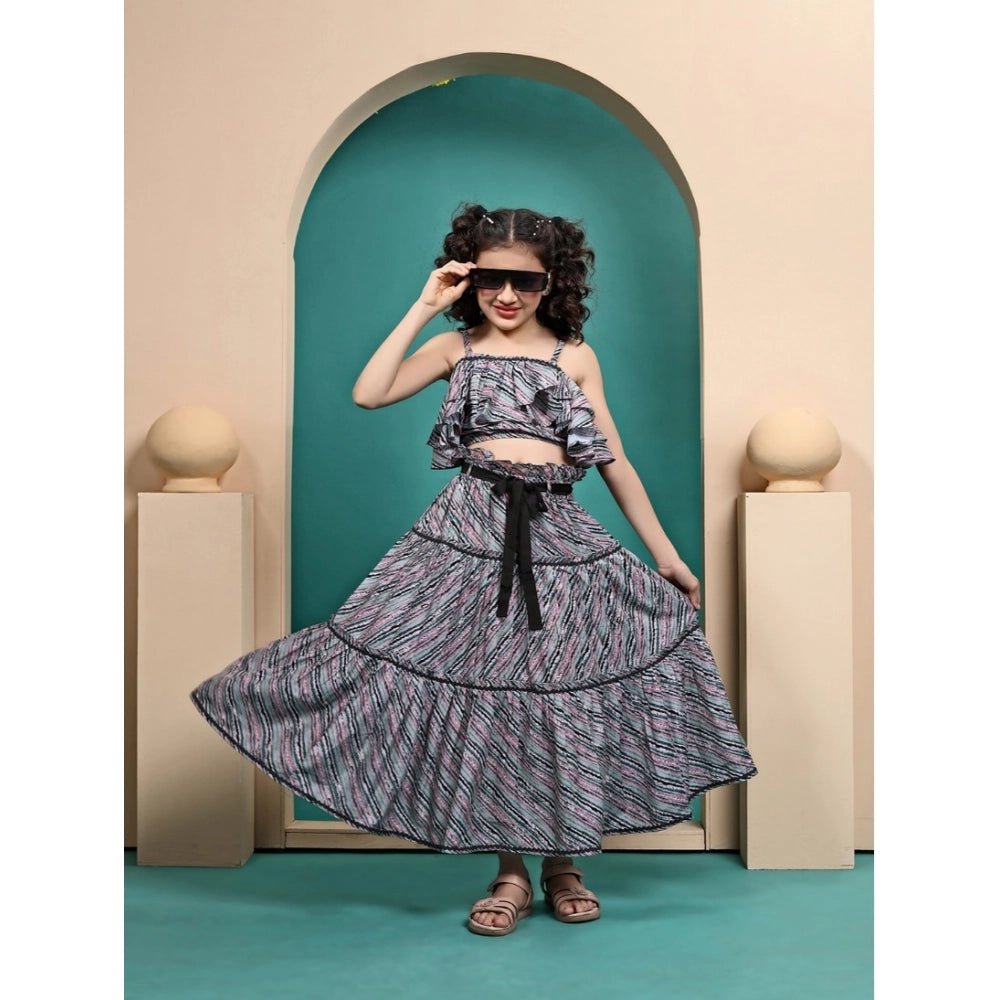 Girl's Maslin Printed Crop Top And Fleared Skirt Set (Grey)