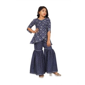 Girl's Cotton Rayon Printed Top And Sharara Set (Blue)