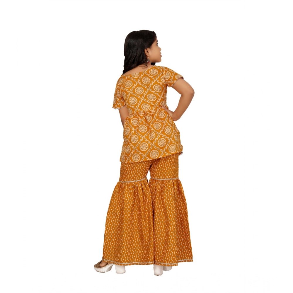Girl's Cotton Rayon Printed Top And Sharara Set (Mustard) - Image 2