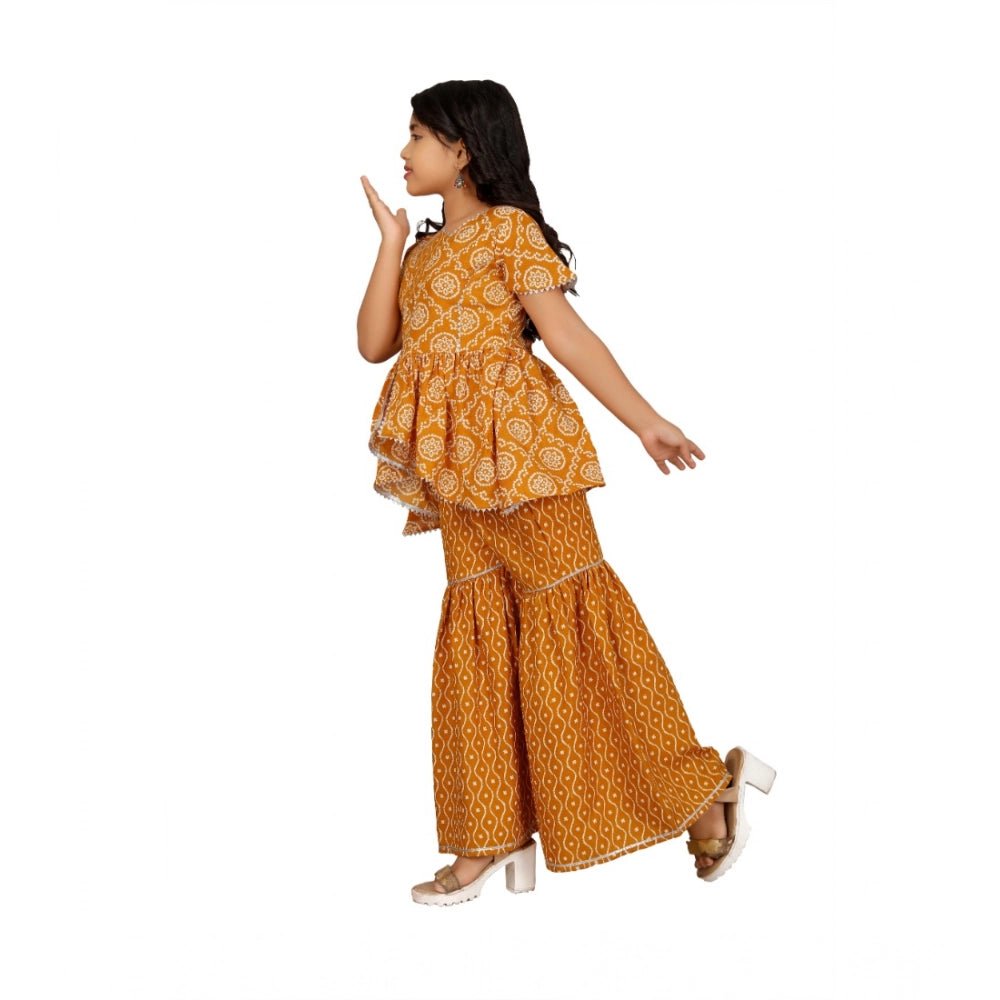 Girl's Cotton Rayon Printed Top And Sharara Set (Mustard) - Image 3