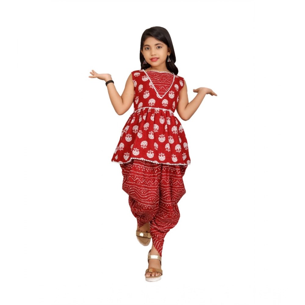 Girl's Cotton Rayon Printed Top And Dhoti With Dupatta Set (Maroon) - Image 3