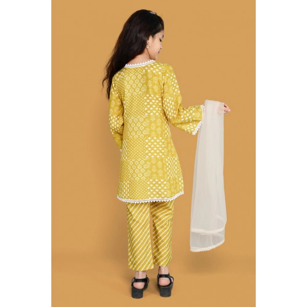 Girl's Silk Blend Floral Prinded Shiffli Lace Salwar Kameez Dupatta Set (Yellow) - Image 4