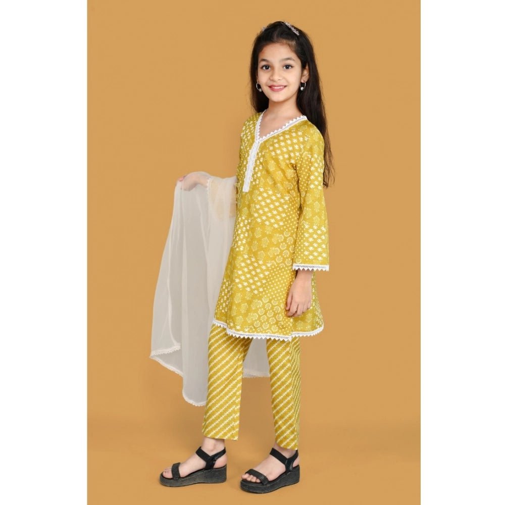 Girl's Silk Blend Floral Prinded Shiffli Lace Salwar Kameez Dupatta Set (Yellow) - Image 2