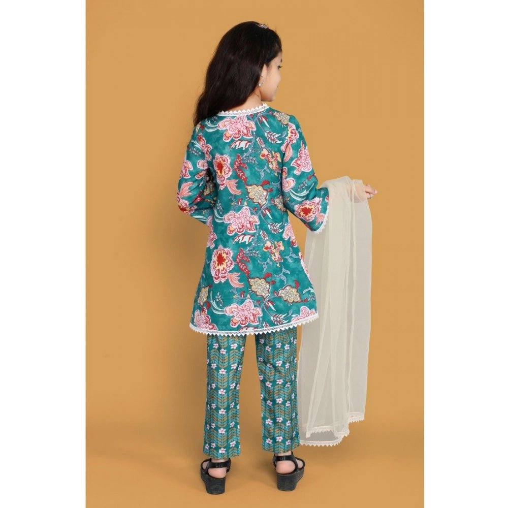Girl's Silk Blend Floral Prinded Shiffli Lace Salwar Kameez Dupatta Set (Teal) - Image 2