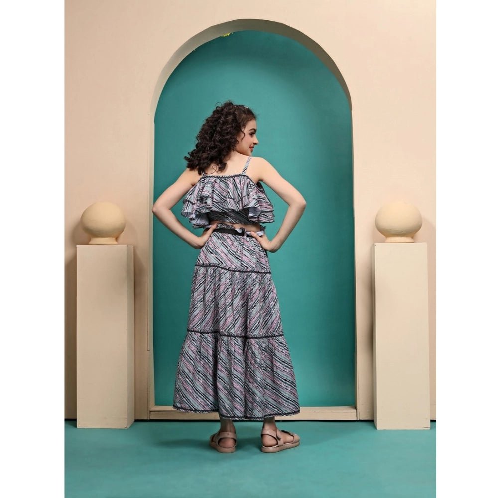 Girl's Maslin Printed Crop Top And Fleared Skirt Set (Grey) - Image 2