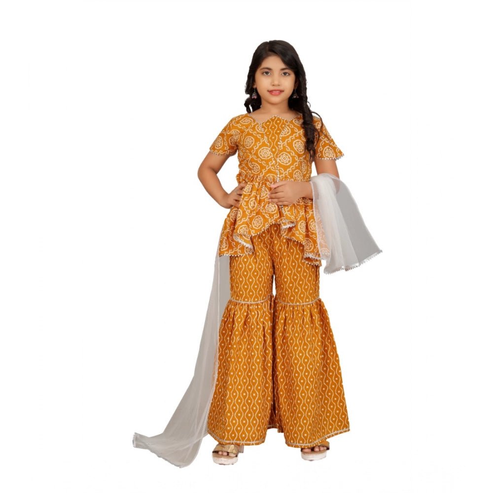 Girl's Cotton Rayon Printed Top And Sharara Set (Mustard) - Image 4