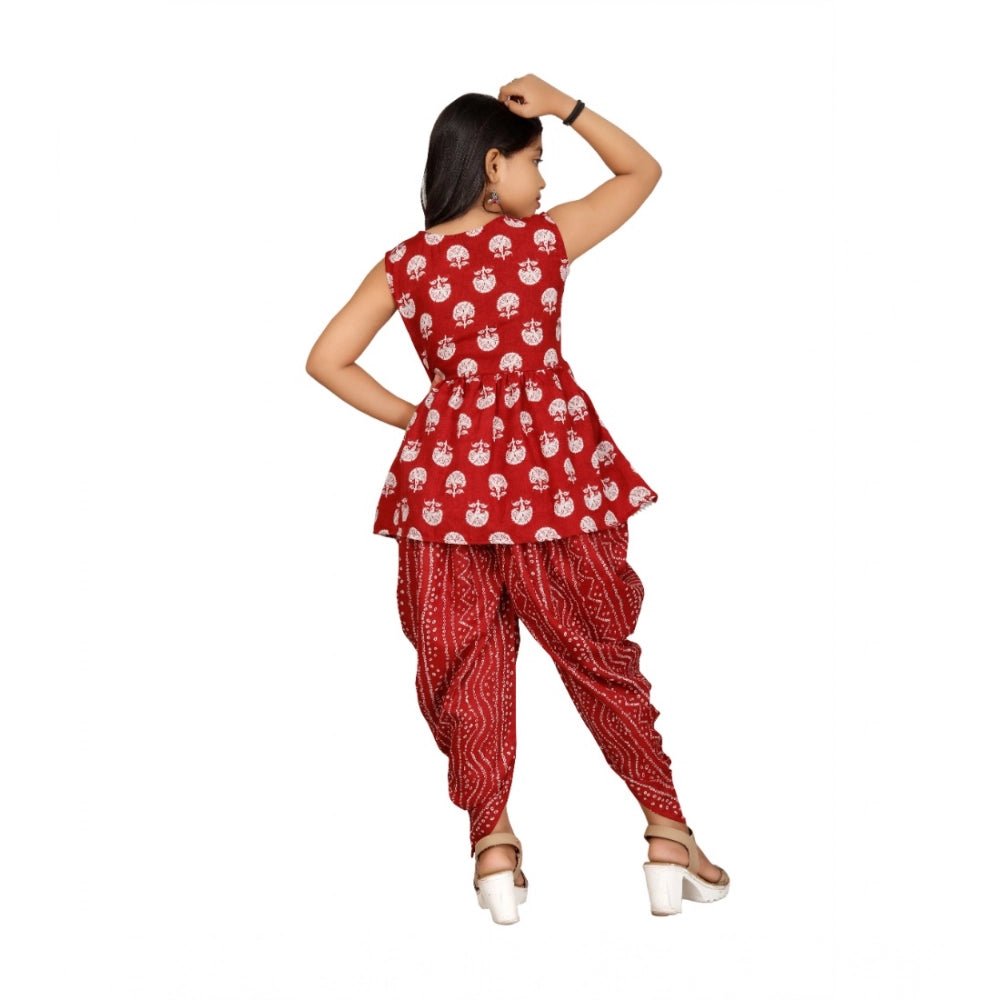 Girl's Cotton Rayon Printed Top And Dhoti With Dupatta Set (Maroon) - Image 2