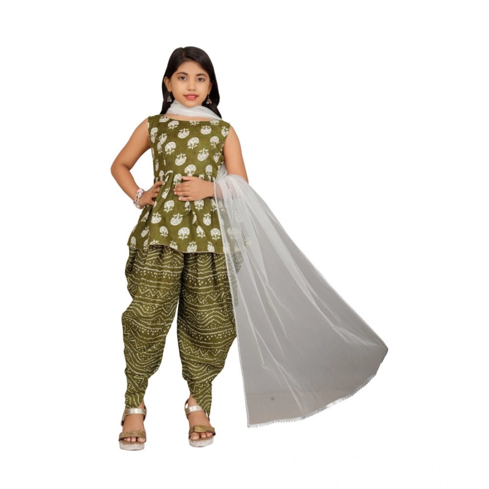 Girl's Cotton Rayon Printed Top And Dhoti With Dupatta Set (Green) - Image 4
