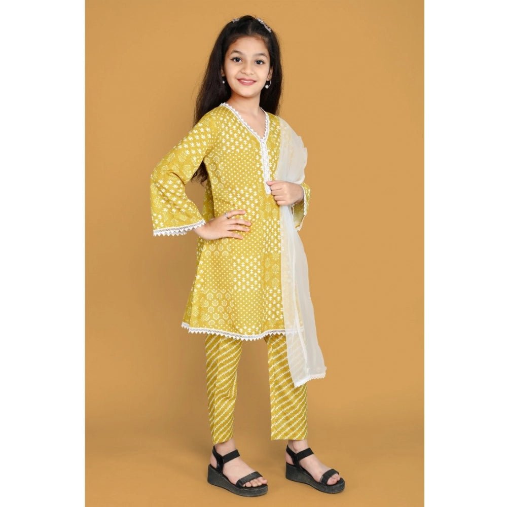 Girl's Silk Blend Floral Prinded Shiffli Lace Salwar Kameez Dupatta Set (Yellow) - Image 3