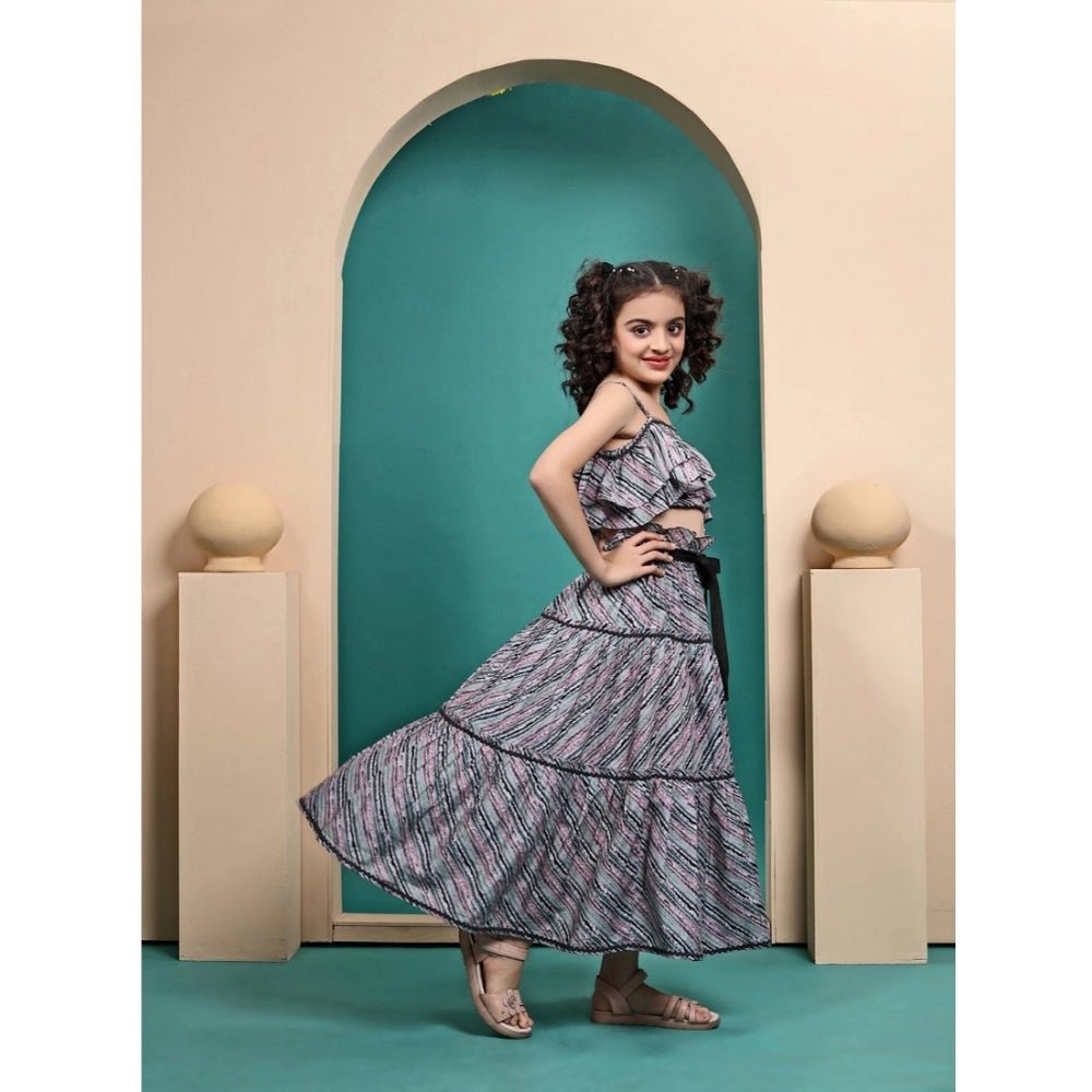 Girl's Maslin Printed Crop Top And Fleared Skirt Set (Grey) - Image 4