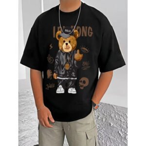 Men's Casual Cotton Blend Printed Round Neck Half Sleeve T-Shirt (Black)