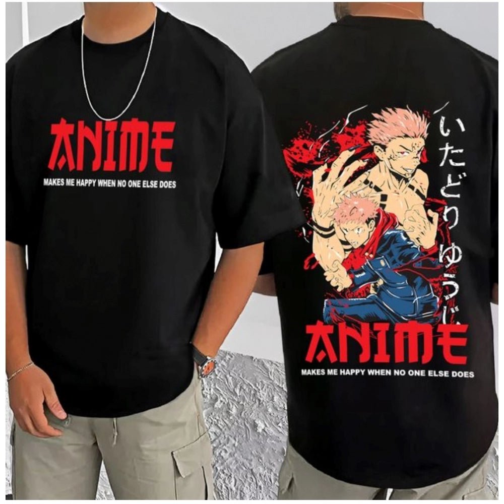 Men's Casual Cotton Blend Printed Round Neck Half Sleeve T-Shirt (Black) - Image 3