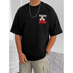 Men's Casual Cotton Blend Printed Round Neck Half Sleeve T-Shirt (Black)