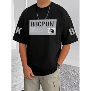 Men's Casual Cotton Blend Printed Round Neck Half Sleeve T-Shirt (Black)