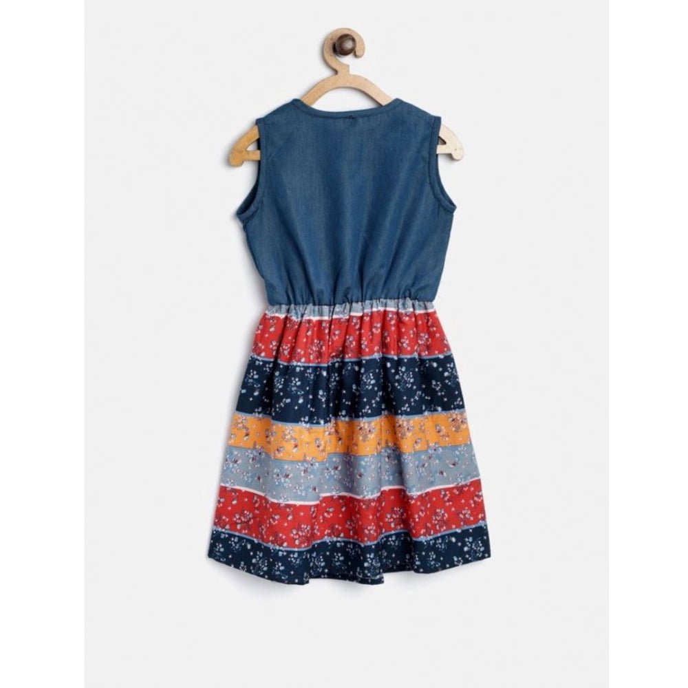 Girl's Denim-Cotton Floral Printed Sleeveless Round Neck Dress (Multicolor) - Image 2