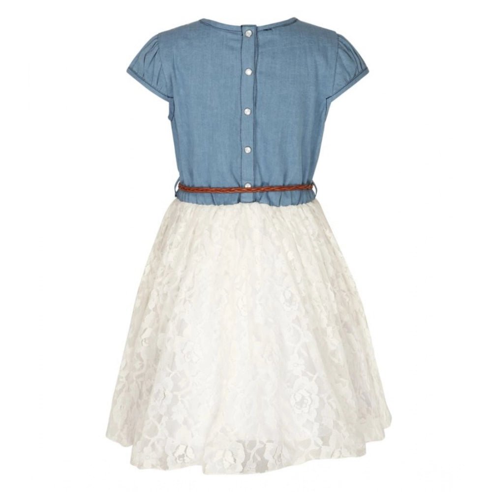 Girl's Denim Embroidery Short Sleeve Round Neck Dress (White) - Image 2