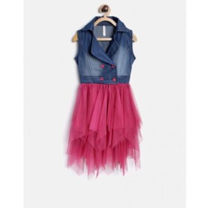Girl's Polyester Crepe-Net Solid Shoulder Straps Shirt collar Dress (Blue-Pink)