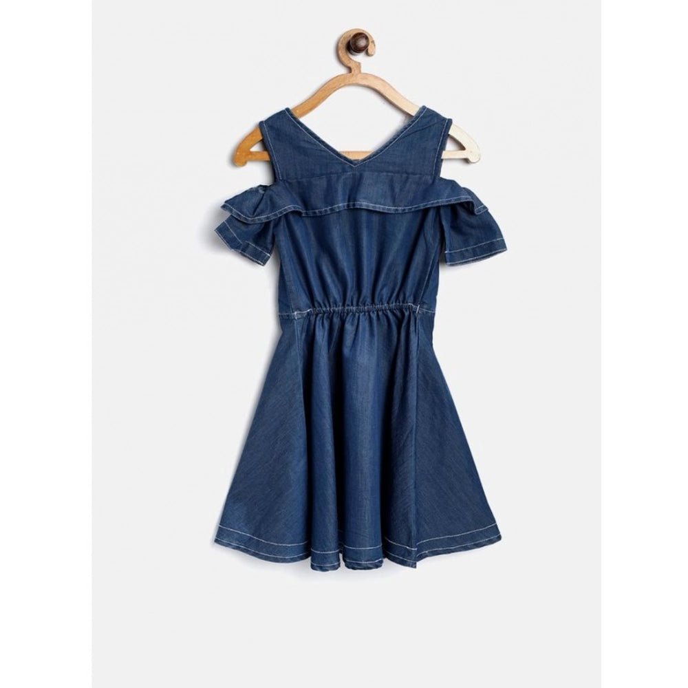Girl's Denim Floral Printed Bell Sleeve Halter Neck Dress (Blue) - Image 2