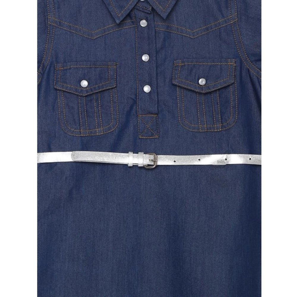 Girl's Denim Solid Short Sleeve Shirt collar Dress (Blue) - Image 3