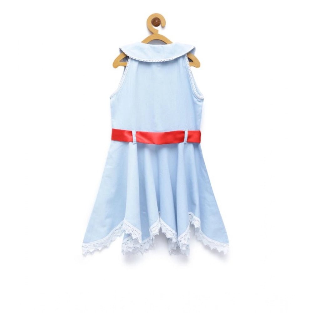 Girl's Denim Lace Solid Sleeveless Shirt collar Dress (Light Blue) - Image 2