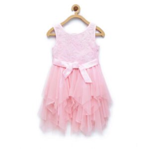 Girl's Polyester Net Floral Printed Sleeveless Round Neck Dress (Light Pink)