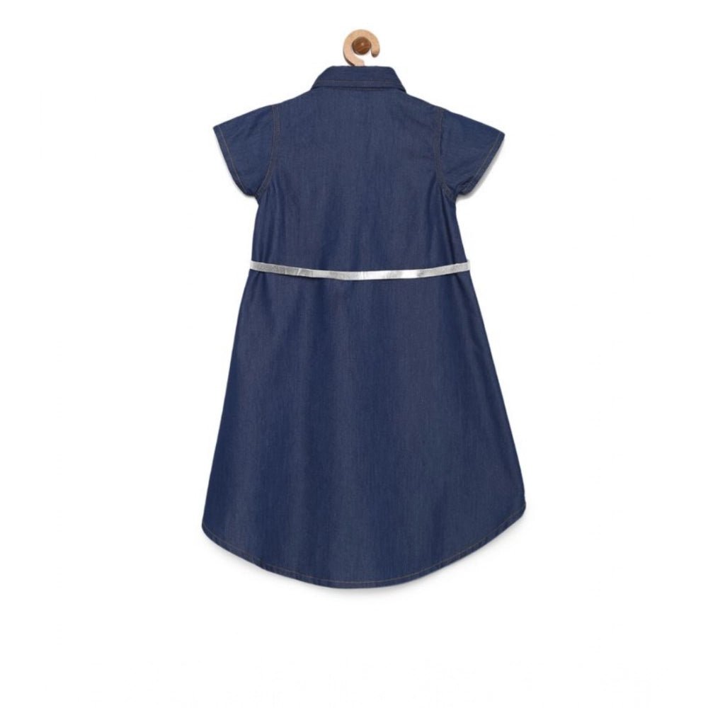 Girl's Denim Solid Short Sleeve Shirt collar Dress (Blue) - Image 2