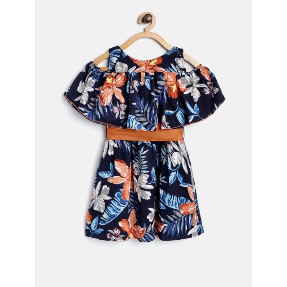 Girl's Polyester Crepe Floral Printed Bell Sleeve Cold Shoulder Neck Dress (Multicolor) - Image 2
