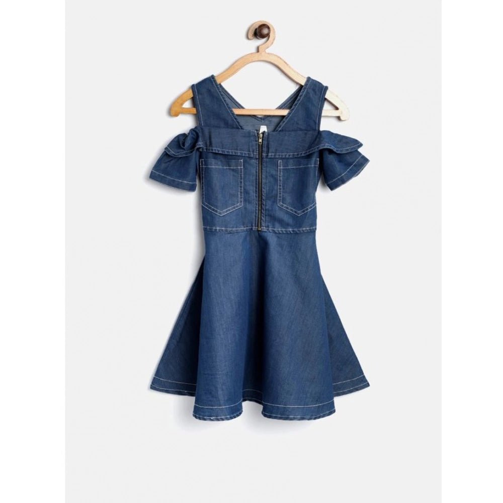 Girl's Denim Floral Printed Bell Sleeve Halter Neck Dress (Blue)