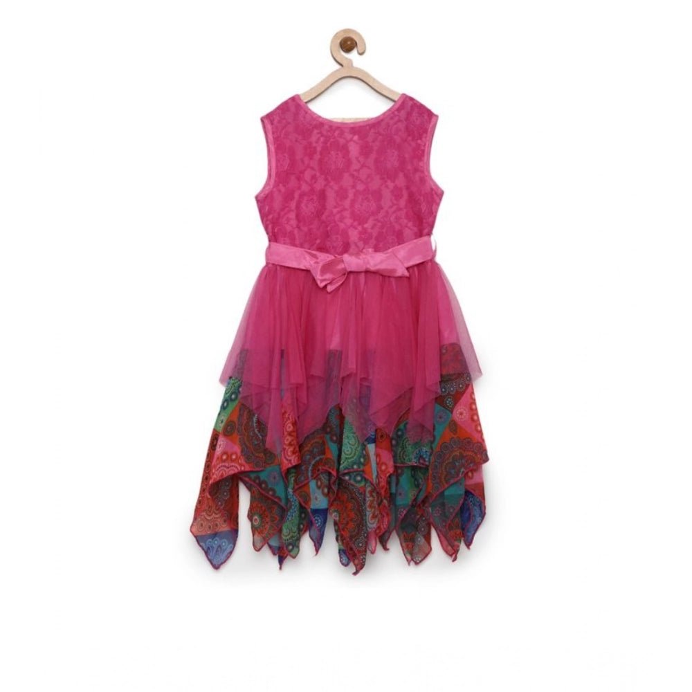 Girl's Polyester Net Floral Printed Sleeveless Round Neck Dress (Multicolor) - Image 2