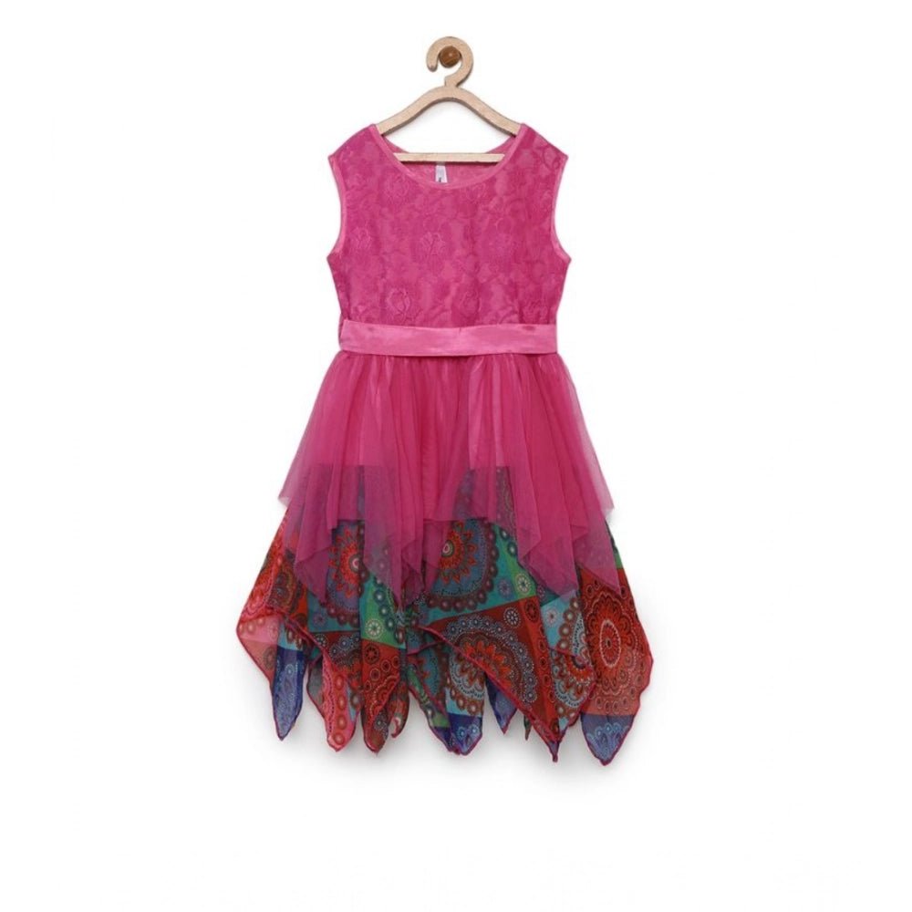Girl's Polyester Net Floral Printed Sleeveless Round Neck Dress (Multicolor)