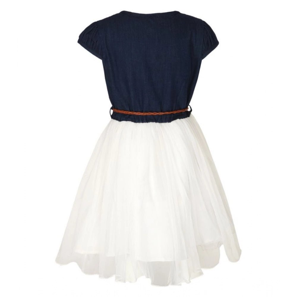 Girl's Denim Embroidery Short Sleeve Round Neck Dress (White) - Image 2