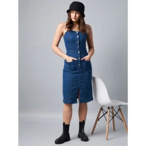 Denim Lycra Solid Square Neck Shoulder Straps Dress (Blue)