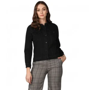 Denim Solid Long Sleeve Jacket (Black)