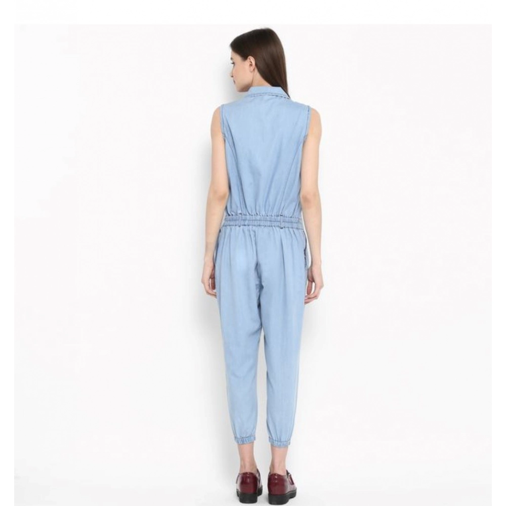 Denim Solid Sleeveless Jumpsuit (Blue) - Image 4