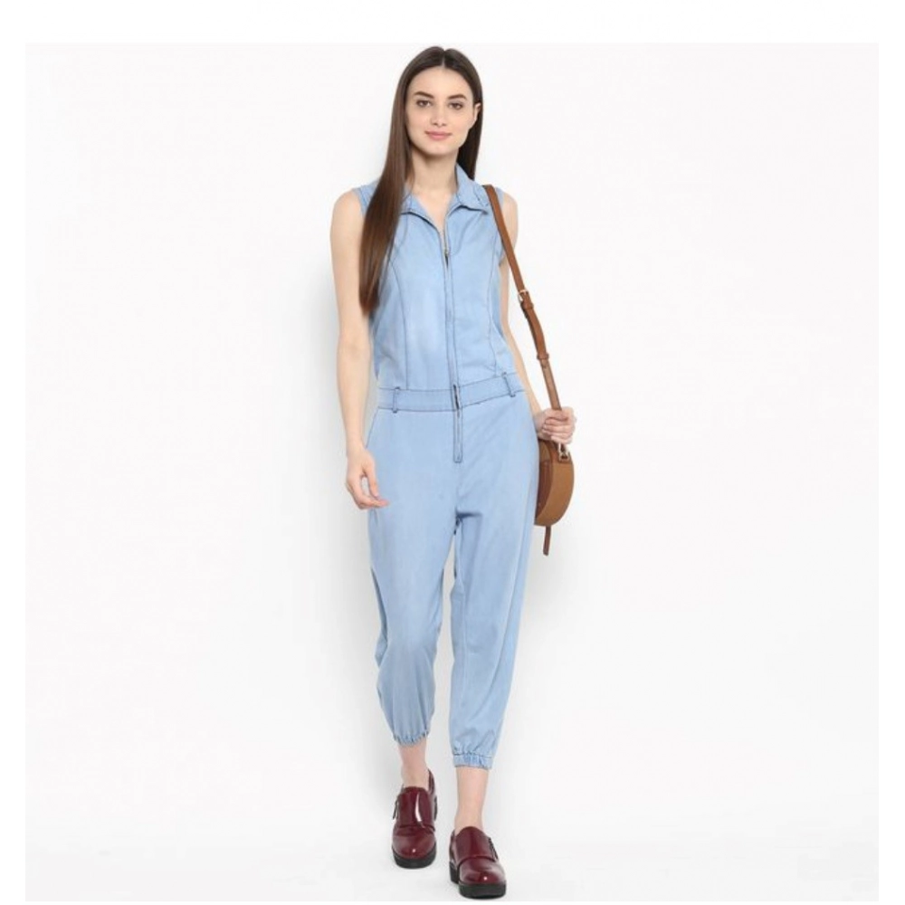 Denim Solid Sleeveless Jumpsuit (Blue) - Image 3