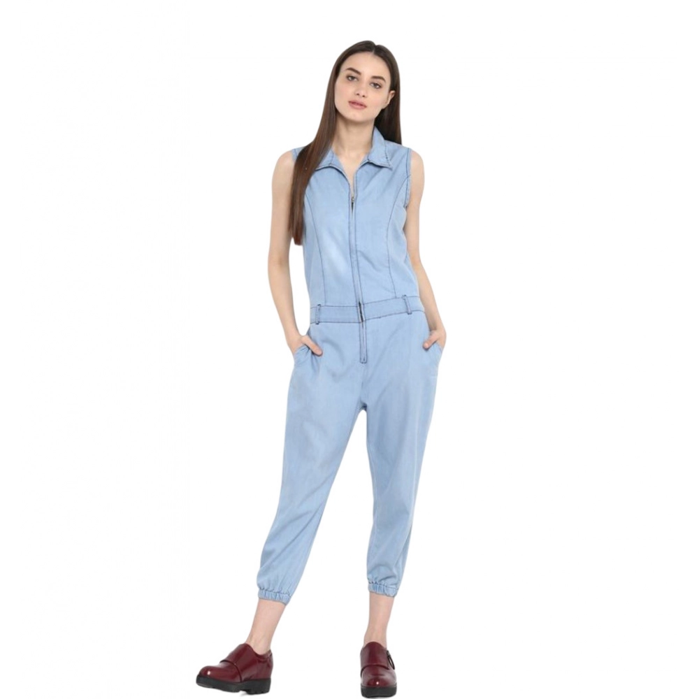 Denim Solid Sleeveless Jumpsuit (Blue)