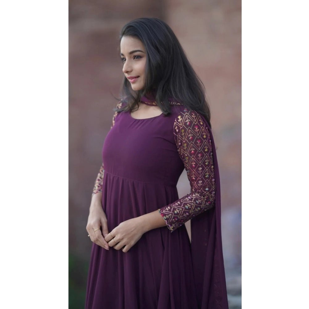 Women's Georgette Embroidery 3-4th Sleeve Round Neck Kurti with Dupatta Set (Wine) - Image 2
