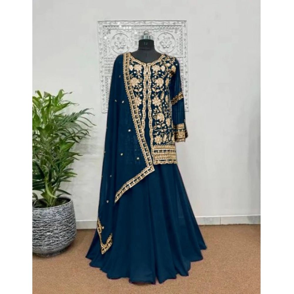 Women's Georgette Embroidery 3-4th Sleeve V-Neck Kurti, Palazzo And Dupatta Set (Morpich) - Image 2