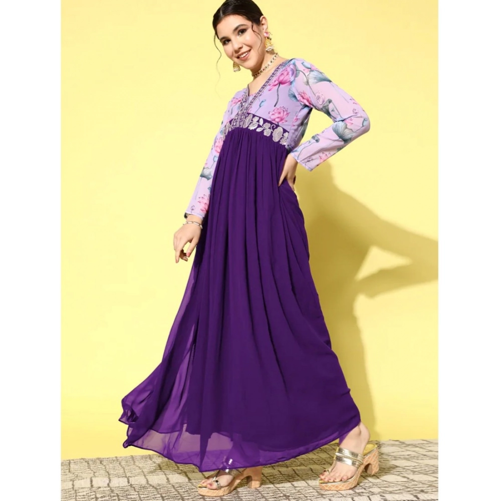 Georgette Embroidery 3-4th Sleeve V-Neck Kurti (Purple) - Image 3